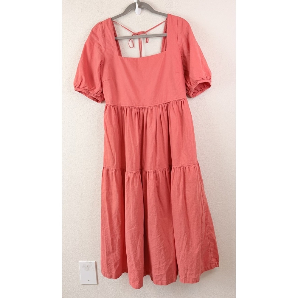 Uniqlo Tiered Midi Dress Sz M Coral Puff Sleeve Linen Blend Smocked Cottagecore